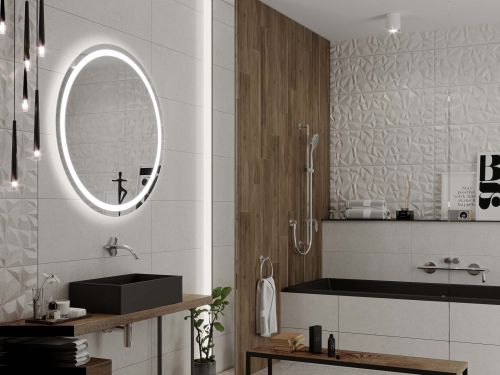 Miroir de salle de bains rond avec étagère et éclairage C4